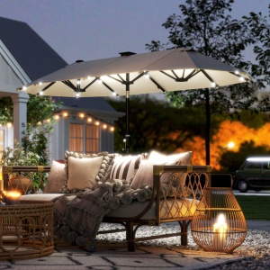Umbrelă dublă, umbrelă terasă, înclinabilă, cu panou solar, 35 LED-uri, cadru din oțel, bej, 2,92 x 1,50 x 2,18 m - Img 2
