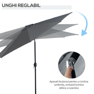 Umbrelă Rotundă de 300x250cm cu Manivelă și Funcție de Înclinare, Umbrelă de Grădină, Terasă, Exterior, Metal și Poliester Gri Închis - Img 4