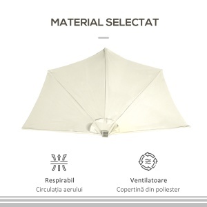 Umbrela Semicirculara cu 20 Lumini LED, Panou Solar, Manivela si Tija in 2 Sectiuni, 265x135x240 cm, Bej - Img 7