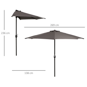 Umbrela Semicirculara de Perete pentru Gradina cu Deschidere cu Manivela din Poliester, Gri 269x138x236cm - Img 3