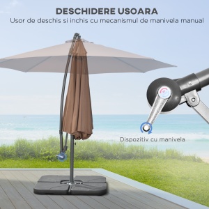 Umbrelă Suspendată cu Bază în Cruce, Greutăţi, Manivelă și Protecţie UV, Ø3x2.5 m, Cafeniu - Img 4
