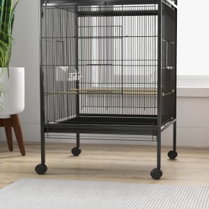 Volieră pentru Păsări cu Roți, Tăvi Detașabile din Plastic și Stinghii, Colivie pentru Canari din Metal, 168 cm, Negru - Img 9