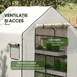 Acoperiș de Înlocuire pentru Seră Walk-in din PE cu Ușă Rulabilă și Ferestre, 140 x 143 x 190cm, Alb - Img 6