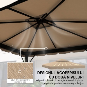 Acoperiș de Schimb pentru Pavilion 3x3 m cu 2 Niveluri, Copertină Rezistentă la Apă din Poliester 170g/㎡ cu 8 Orificii de Drenaj, Bej - Img 4