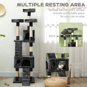 Albero Tiragraffi per Gatti con Due Cucce in Peluche e Sisal, Grigio, 50x50x170cm - Img 6