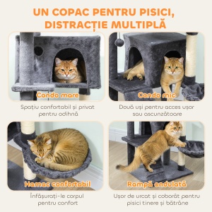 Ansamblu de joacă pentru pisici cu 2 căsuțe, culcuș și Hamac, 140 cm, Gri - Img 4
