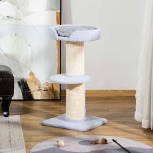 Ansamblu de joaca pentru pisici cu culcus, perna si tapiterie din plus, stalp din franghie de sisal, 45x45x91cm, albastru deschis - Img 2