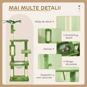 Ansamblu de Joacă pentru Pisici Multietajat cu Hamac, Stâlp de Zgâriat și Minge, 49x49x142 cm, Verde - Img 6