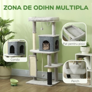 Ansamblu de Joacă pentru Pisici Multinivel Înalt 132 cm cu Căsuță, Culcuș, Stâlpi de Zgâriat, Perie și Minge, Gri - Img 4