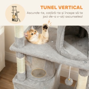 Ansamblu Mare pentru Pisici, 170 cm, cu 7 Stâlpi de Zgâriat, Tunel, 2 Căsuțe, Hamac, Platformă, Rampă, Pompoane, Gri Deschis - Img 6