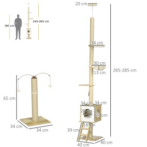 Ansamblu pentru pisici din PAL reglabil in inaltime cu stalp de zgariat pentru pisici, hamac pentru pisici si minge de joaca, 40x40x225-285cm - Img 3