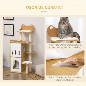Ansamblul pentru pisici MDF cu stalpi de zgariat din sisal, 2 casute pentru pisici, platforme si minge de joaca, 60x48x133 cm, alb si stejar - Img 7