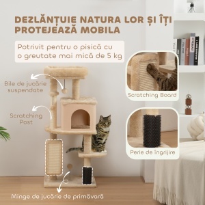 Arborele pentru pisici înălțime 104cm cu căsuță, pat, stâlp de zgâriat și perie Bej - Img 5