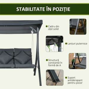 Balansoar pentru Exterior de Grădină cu 3 Locuri și Acoperiș Reglabil, Perne Decorative, 202x115x168 cm, Gri - Img 7