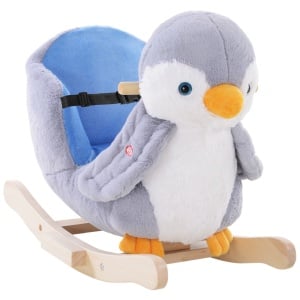 Balansoar Pinguin din Pluș cu Melodii și Centură de Siguranță, Balansoar pentru Copii, 60x33x50 cm, Gri - Img 1