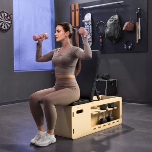 Bancă de Antrenament din Lemn cu Suport pentru Gantere și Benzi de Rezistență, Bancă Fitness Reglabilă pentru Acasă - Img 9