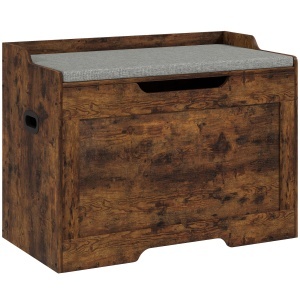 Bancă de Depozitare de 103L Multifuncțională, nuanță de Lemn cu Pernă din Țesătură Gri, 75x40x56 cm