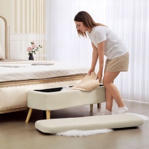 Banca de Depozitare de 65L din Material Teddy și Lemn, 120x42x45 cm, Bej - Img 7