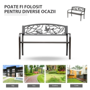 Banca de Exterior din Otel si Fonta cu Spatar cu Decoratiuni 127x60cm Maro - Img 6