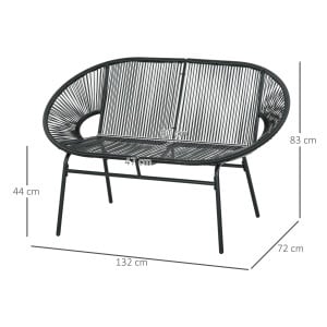 Bancă de grădină cu 2 locuri din metal și sfoară din rășină cu 2 perne - dim. 132L x 72l x 83Î cm - negru - Img 3