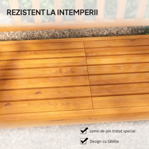 Bancă de Grădină pentru 2-3 Persoane din Lemn de Pin, Bancă de Exterior cu Măsuță Rabatabilă și Brațe, pentru Balcon și Terasă, 153x56x91 cm, Maro Deschis - Img 5