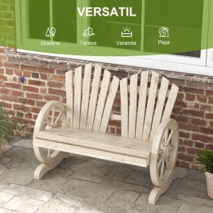 Bancă de Grădină pentru 2 Persoane cu Mânere în Formă de Roată, Bancă de Exterior din Lemn de Brad, pentru Terasă și Curte, 108x66x95 cm, Finisaj Lemn Natural - Img 7