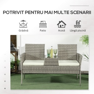 Bancă din ratan pentru 2 persoane pentru grădină, scaun împletit pentru curte cu masă de ceai din sticlă - Img 7