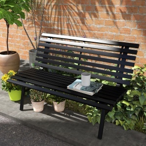 Bancă pentru Grădină, Bancă de Exterior pentru Terasă cu Șezut și Spătar cu Lamele, 123x67x79 cm, Negru - Img 2