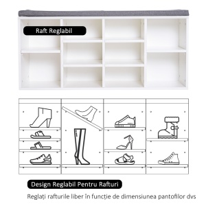Bancuta Pantofi – 104×30×48 cm, Alb/Gri cu Rafturi Reglabile - Img 4