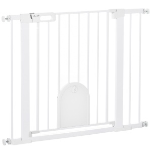 Barieră Reglabilă pentru Câini cu Ușă Mică și Montare prin Presiunei și Închidere Automată, 75-103x76 cm, Alb - Img 1