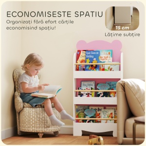 Bibliotecă pentru Copii 3 Rafturi în Formă de Ursuleț 55x15x110 cm, Roz - Img 6
