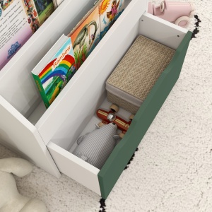 Bibliotecă pentru Copii cu Rafturi, Sertar, pentru Dormitor, Cameră de Joacă, Alb și Verde - Img 8
