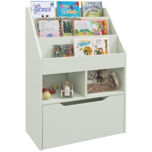 Bibliotecă pentru Copii cu Rafturi, Sertar și Roți, Raft pentru Jucării și Cărți, 60x29.9x90 cm, Verde - Img 1