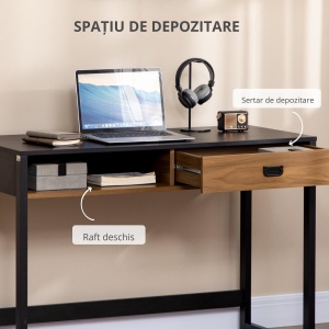Birou Calculator – Nuc & Negru cu Sertar si Raft, Non-structură metalică, MDF, Picioare negre, Față sertar din lemn - Img 5