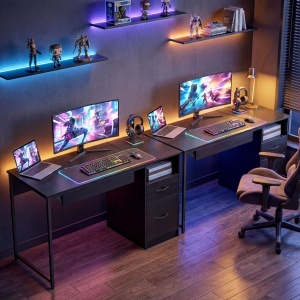 Birou Gaming Industrial, 120x52,3cm Stație Gaming cu Suport Tastatură, Compartiment Deschis și Sertare pentru Documente Format A4 Letter Legal, Masă Computer pentru Birou Acasă, Negru - Img 8