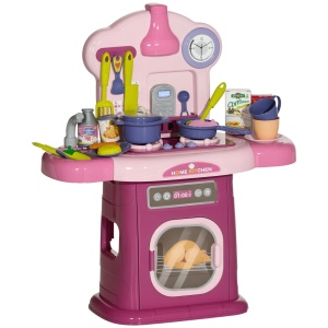Bucătărie Jucărie pentru Copii 3-6 Ani cu 38 Accesorii, Sunete Realiste și Lumină la Cuptor, 51x21x60 cm, Roz