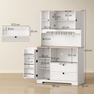 Bufet de Bucătărie Înalt 162 cm, Mobilier de Depozitare cu 2 Dulapuri, 2 Sertare, Suport Condimente, Orificii pentru Cabluri, Rafturi Reglabile, Blat pentru Cuptor cu Microunde, Suporturi pentru Cești, Alb - Img 3