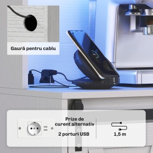 Bufet de Bucătărie Rustic 180cm, Dulap cu Priză de Încărcare, Lumini LED, Suport pentru Sticle, Blat pentru Cuptor, Rafturi Deschise, Uși Glisante, Orificiu pentru Cabluri, Alb - Img 5