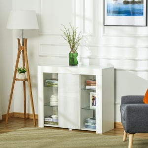 Bufet Modern cu Usa si lumini LED cu Finisaj Lucios si Rafturi din Sticla - Img 2