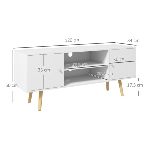 Cabinet TV 55" cu 2 Dulapuri, Uși și 2 Rafturi Deschise, Consolă TV din Lemn și PAL, 120x34x50 cm, Alb - Img 3