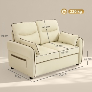 Canapea 2 Locuri Tapițată din Piele Artificială cu Margini Contrastante, Canapea de Sufragerie cu Perne Groase, 2 Perne Detasabile și Lavabile, Brațe și Buzunare Laterale, 136x81x90 cm, Bej - Img 3