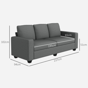 Canapea de 3 Locuri din Material Textil cu Brațe, Perne Căptușite și Înveliș cu Efect de In, 237x94x102 cm, Gri - Img 3