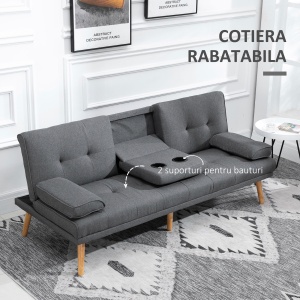 Canapea extensibilă cu 3 locuri, 2 cotiere detașabile și covoraș antiderapant, imitație in și lemn de plop, 181x77x78cm, gri închis - Img 7