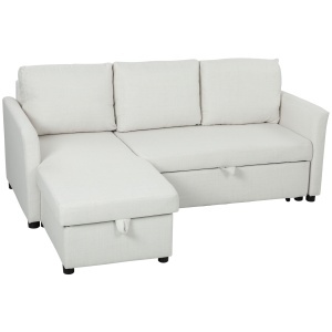 Canapea Extensibilă cu 3 Locuri și Șezlong Convertibil, Canapea de Colț Glisantă cu Compartiment Ascuns și 3 Perne Detașabile, Material Textil cu Efect de In, 192x148x86cm, Crem