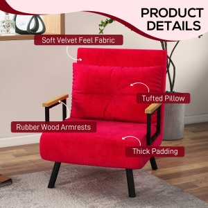 Canapea Extensibilă cu Spătar Reglabil pe 5 Nivele, Canapea Pat Individuală Pliabilă cu Perne, 63x73x81 cm, Roșu - Img 6
