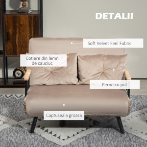 Canapea Pat de 2 Locuri cu Spătar Reglabil pe 5 Nivele și 2 Perne din Material Țesut Căptușit, 102x73x81 cm, Maro - Img 6