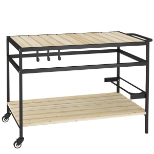 Cărucior cu Roți din Lemn cu 2 Rafturi, 3 Cârlige, Blat cu Lamele și Mâner 107x65x80 cm Natural - Img 1