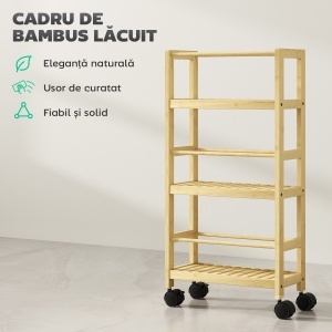 Cărucior de Baie cu 3 Niveluri cu Lamele și Roți 36x15x73 cm Culoare Lemn - Img 6