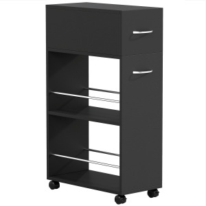 Cărucior de Bucătărie cu 2 Rafturi Deschise, Sertar și Balustrade Negru
