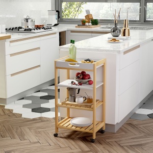 Carucior de bucatarie cu 4 nivele din MDF si lemn de pin cu 4 roti pivotante, 40x30x76 cm, alb si maro - Img 2